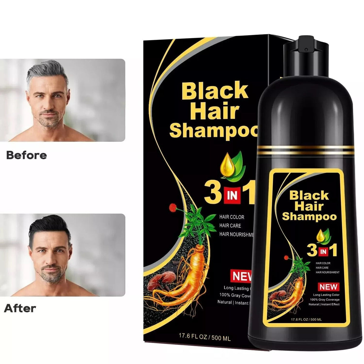 Black Hair Dye Shampoo 3-in-1 for Gray Coverage