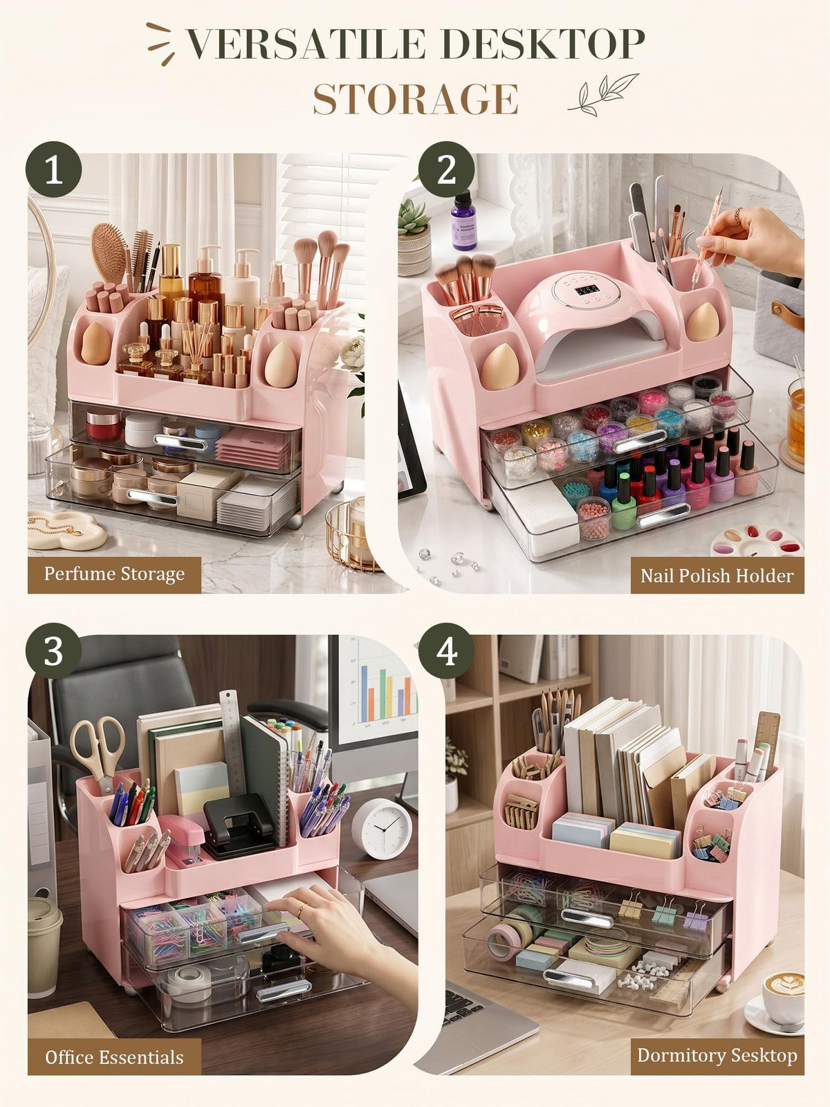 Large Makeup Organizer for Vanity Countertop with Drawers and Side Slots