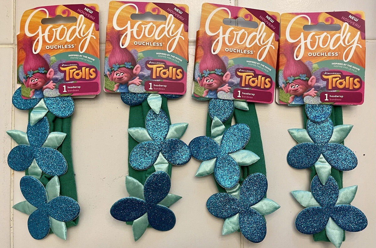 4 Trolls Goody’s Head Wrap HeadBand Ouchless Blue Green Flower NEW!