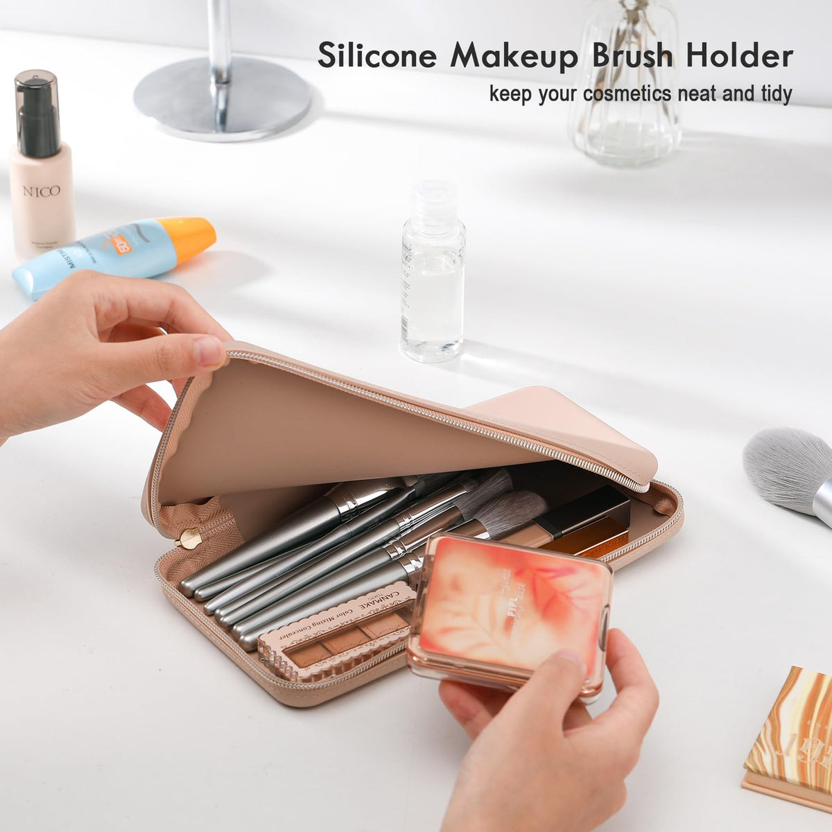 Large Silicone Makeup Brush Bag Travel Pouch with Zipper - Khaki