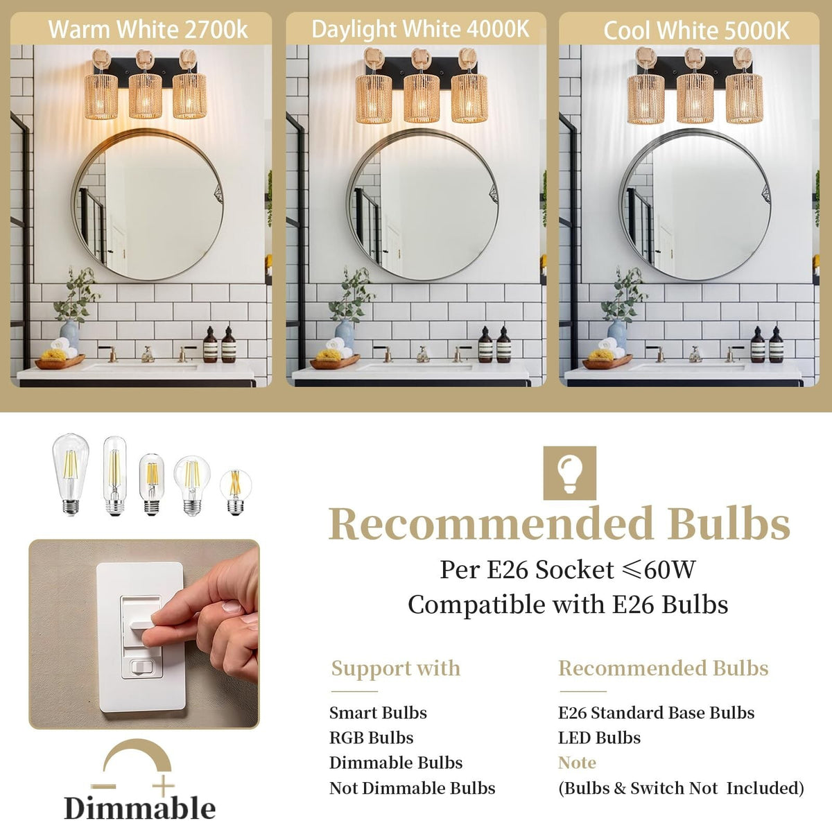 3-Light Bathroom Vanity Light Fixture - Boho Rattan Wall Sconce, Farmhouse Style