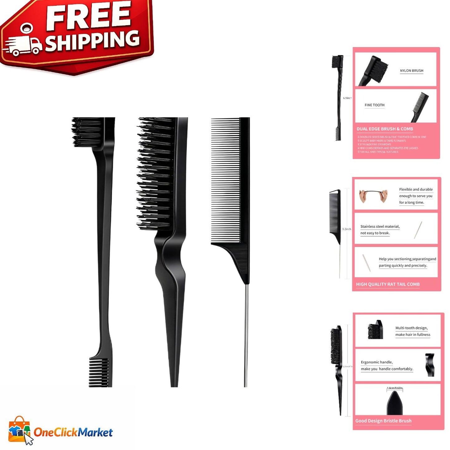 Hair Styling Tool Set with Comb and Edge Brush for Effortless Hair Styling