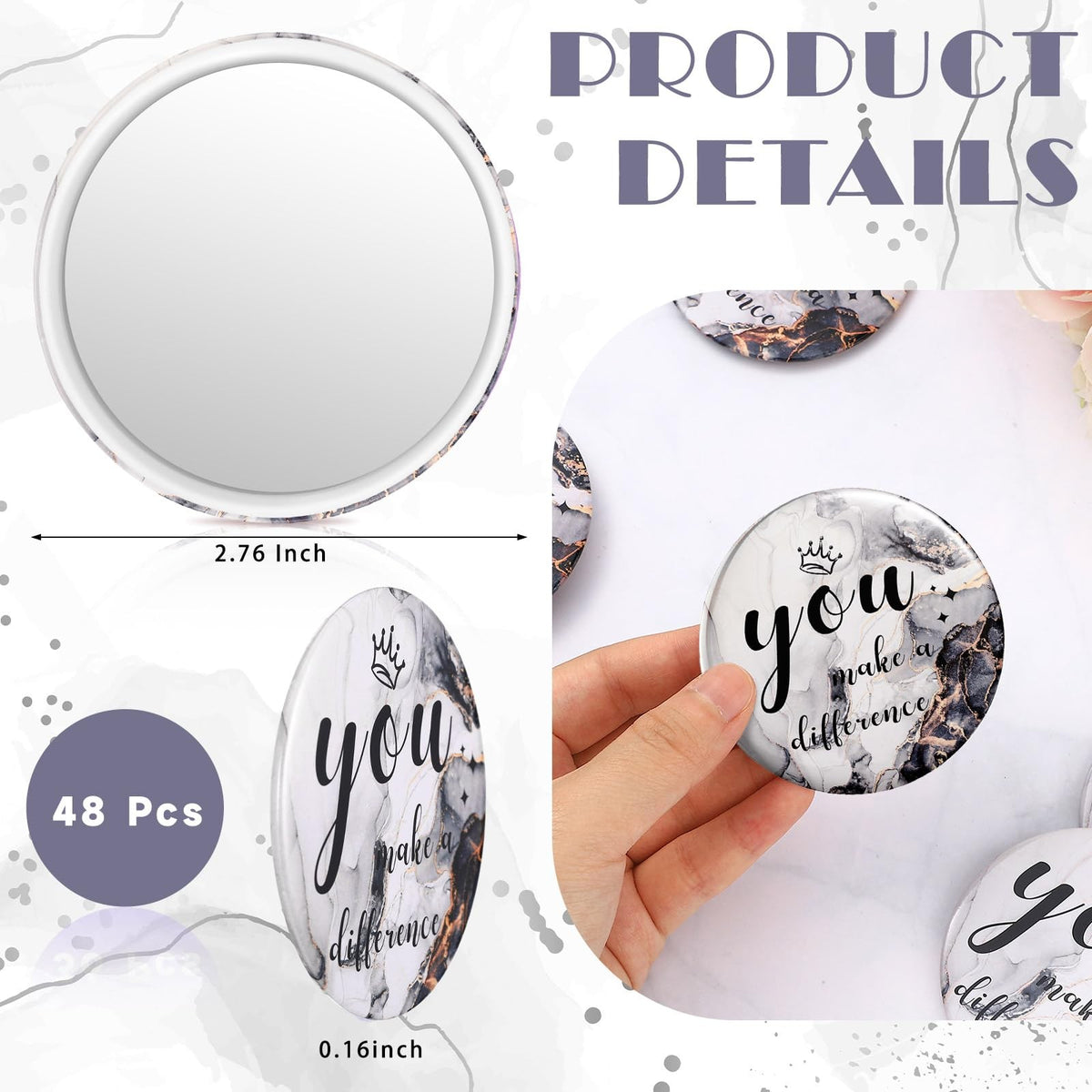 48 Pcs Inspirational Mini Compact Mirrors for Makeup and Gifting, White