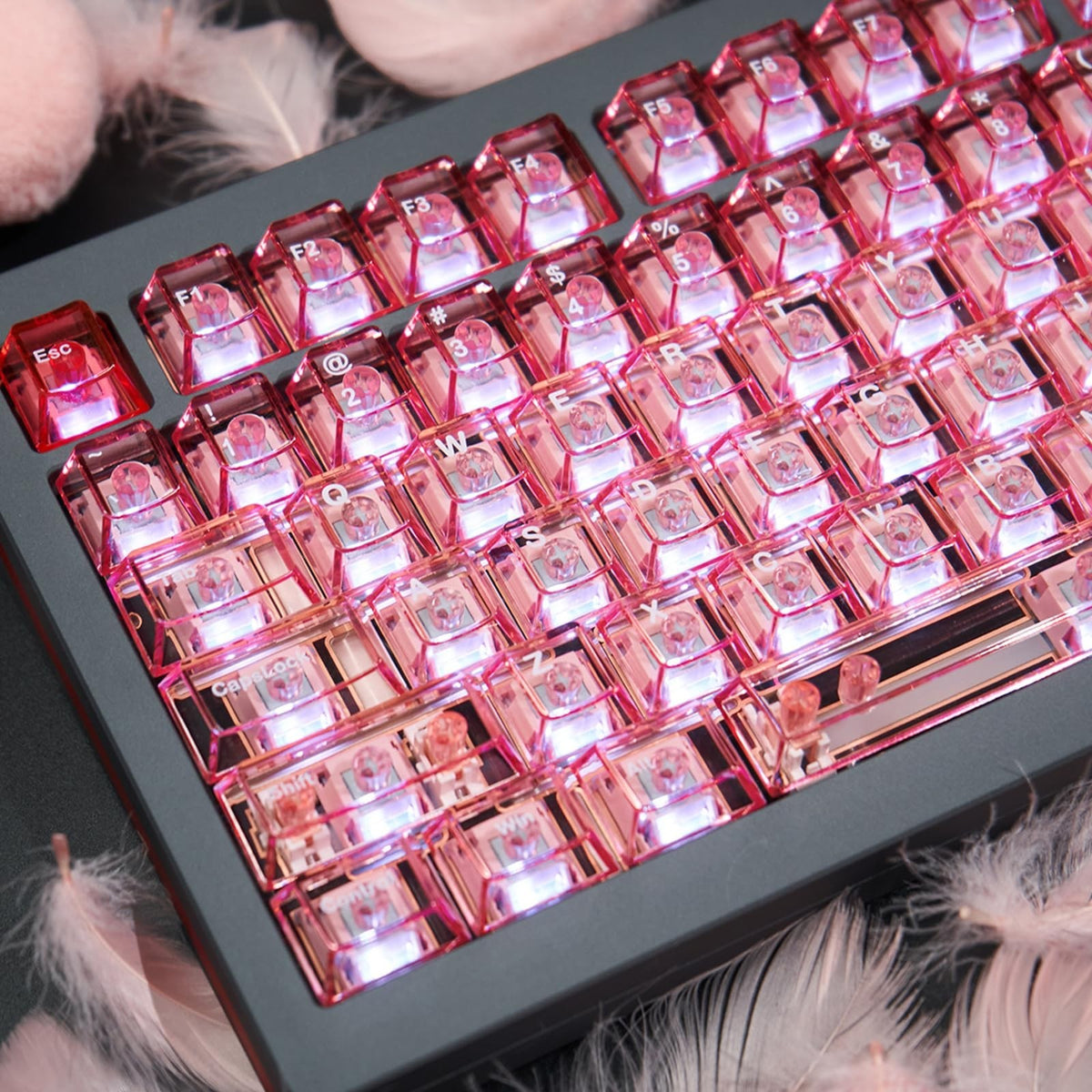 Pink Crystal Clear Keycap Set for Mechanical Gaming Keyboard - 156 Keys Cherry Profile