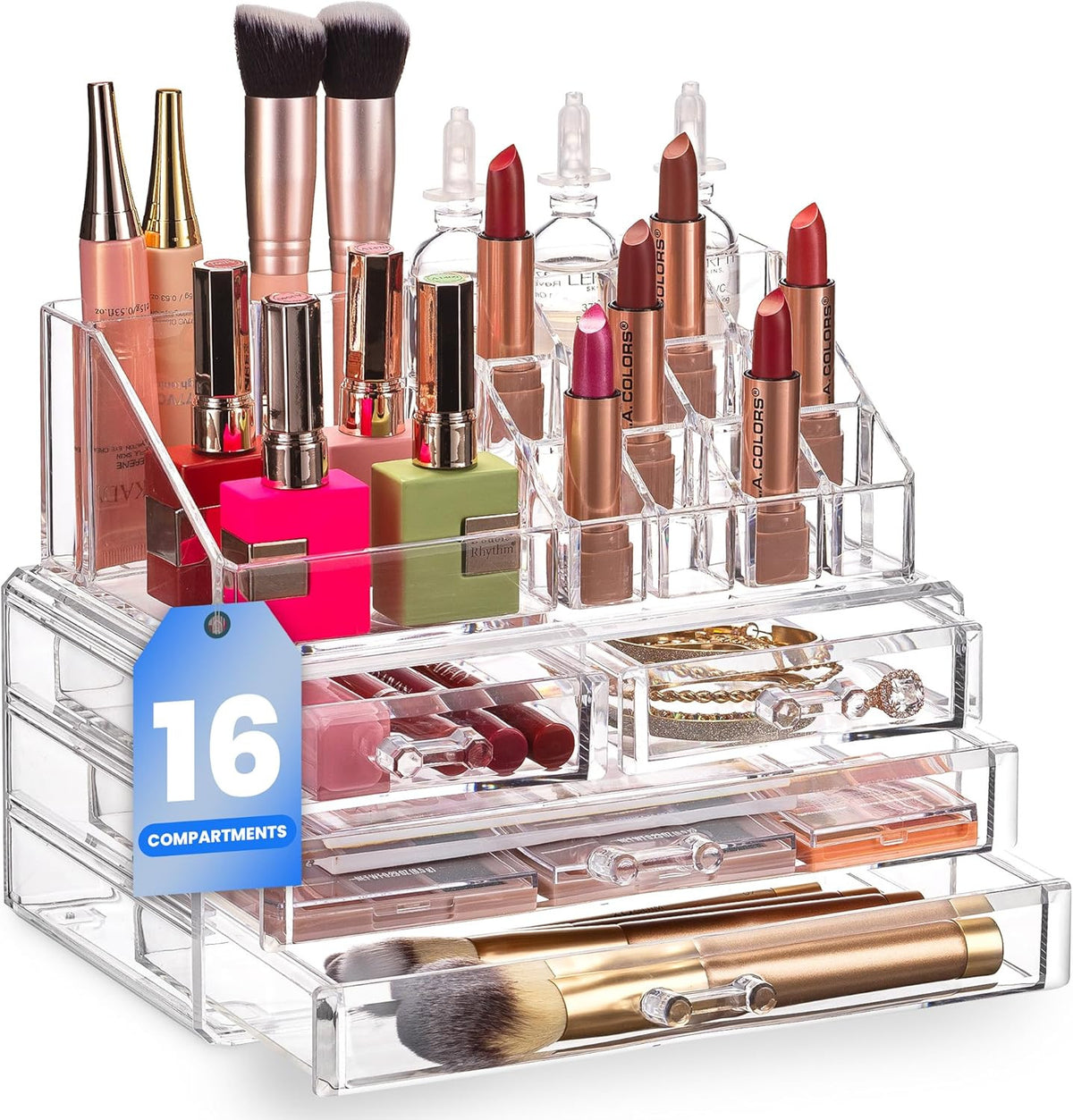 Clear Makeup Organizer with 4 Drawers & 16 Compartments for Vanity Storage