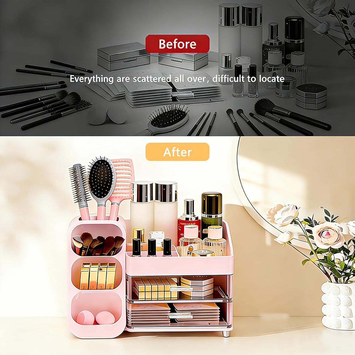 Pink Makeup Organizer with Drawers and Brush Holders for Vanity and Bathroom