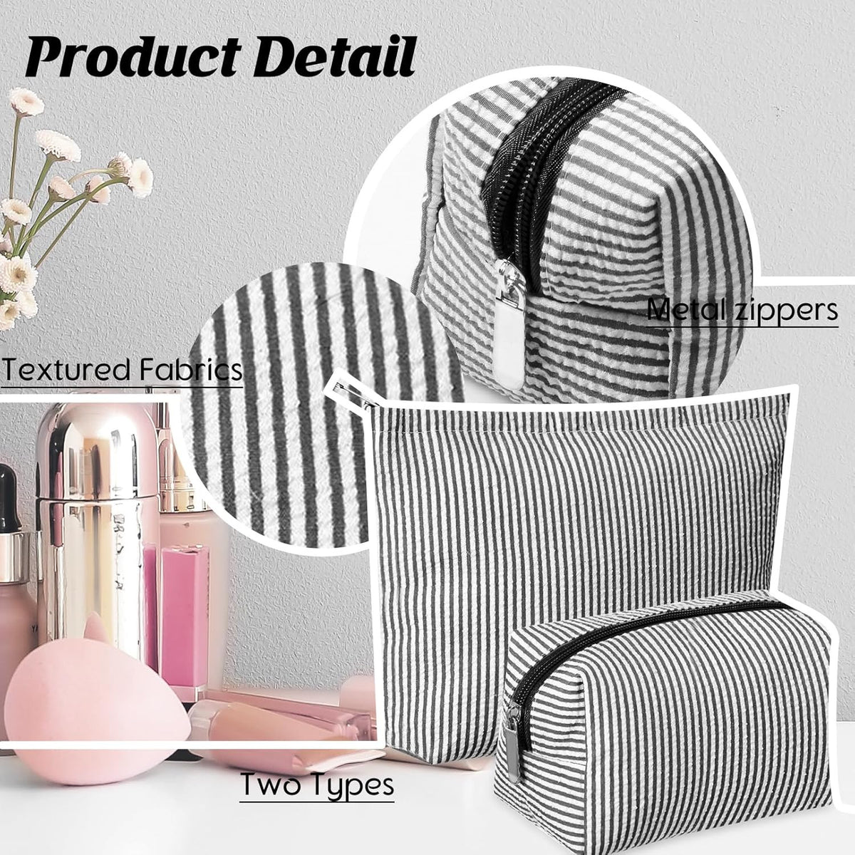 2-Piece Makeup Bag Set with Seersucker Material and Colorful Stripes - Travel Cosmetic Pouches for Women