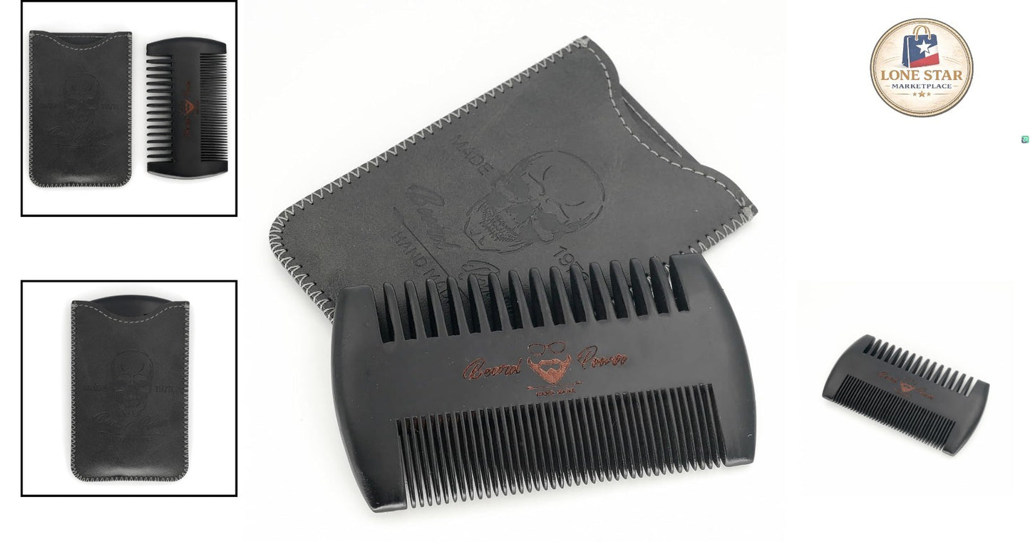 Black Wooden Beard Comb with Protective Leather Case - Travel Grooming Tool
