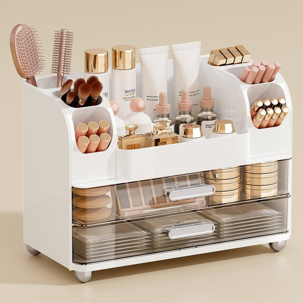 Makeup Organizer with 2 Large Drawers and Dual Brush Holders for Vanity & Bathroom