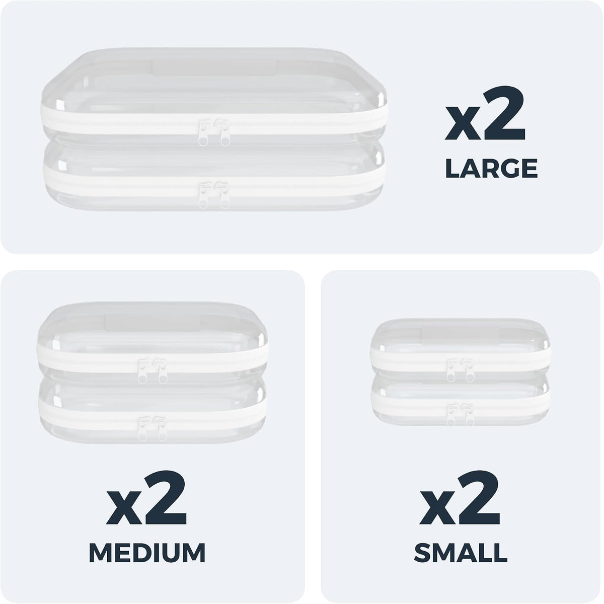 Heavy Duty Clear Plastic Travel Organizer Cases 6 Pack - 13.7" Large, Medium & Small