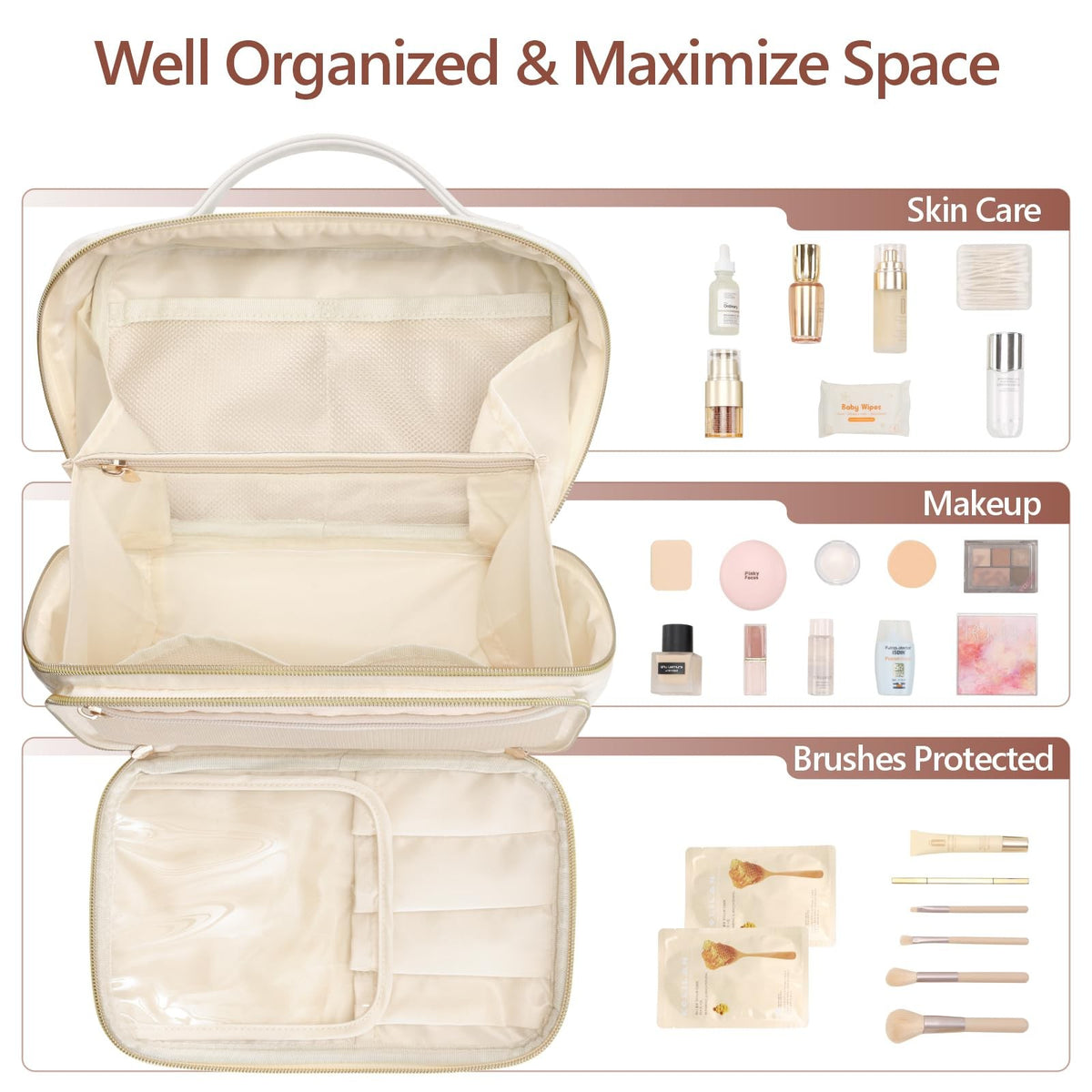 Large Quilted Travel Makeup Bag for Women - PU Leather Organizer, Cream