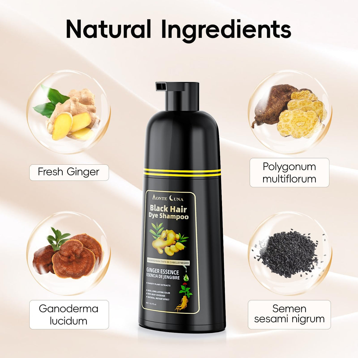 Black Hair Dye Shampoo 3 in 1 Semi-Permanent Hair Color for Gray Coverage
