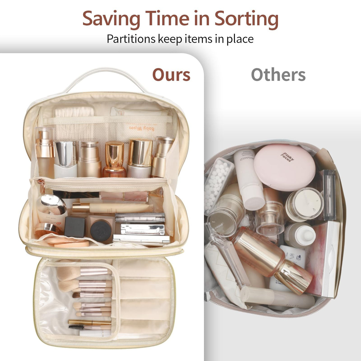 Large Quilted Travel Makeup Bag for Women - PU Leather Organizer, Cream
