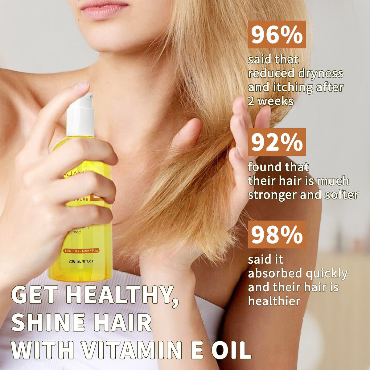 Vitamin E Oil 8 oz - Pure Organic for Skin, Hair & Nails