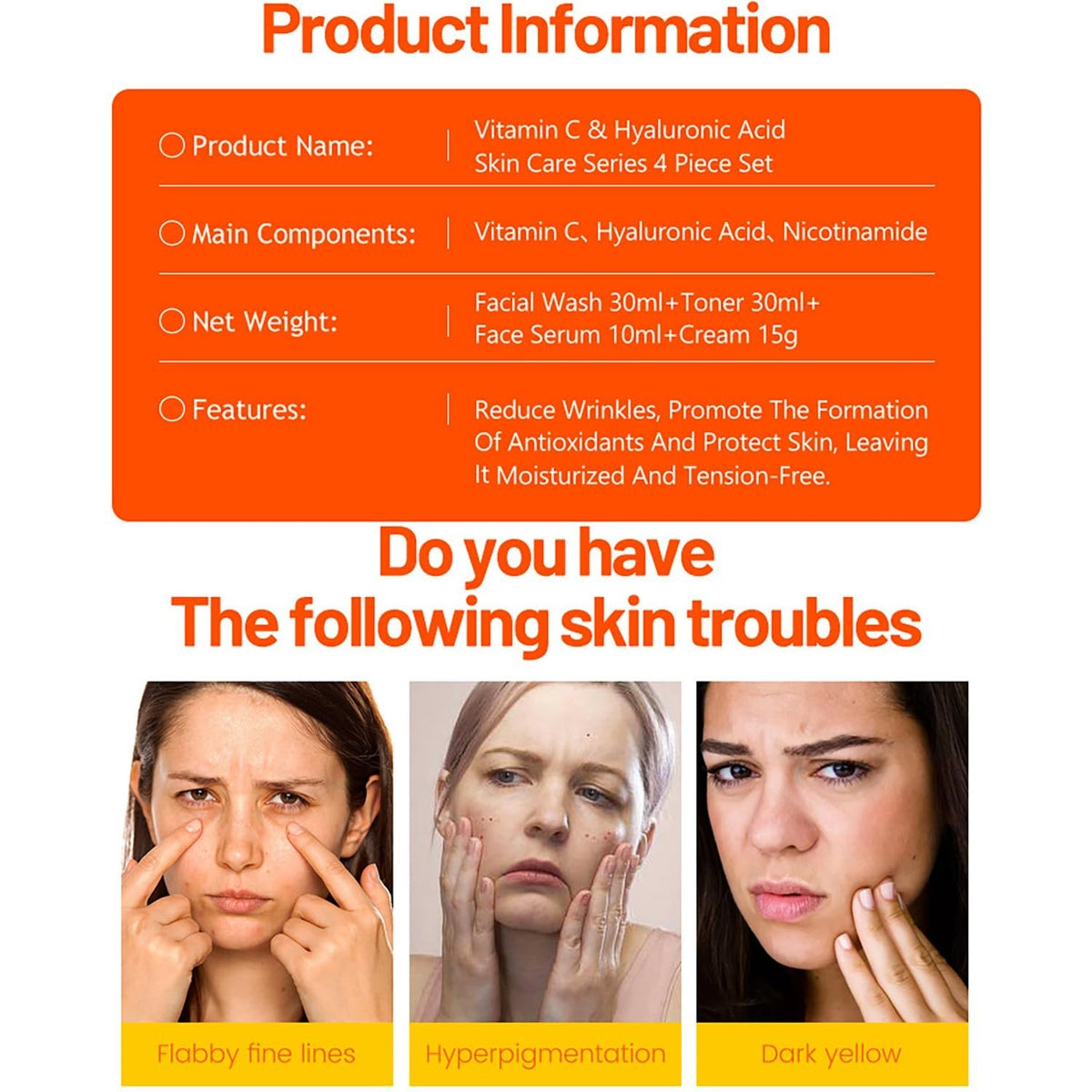Vitamin C Skin Care Set with Orange Extract - Travel Kit, Brightening & Hydrating - 4 Pieces
