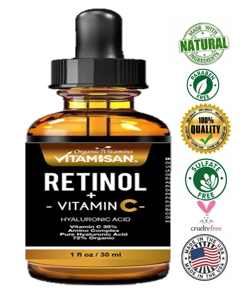 Retinol Vitamin C Hyaluronic Acid Face Serum Anti-Aging Wrinkle Treatment - 3 Oz