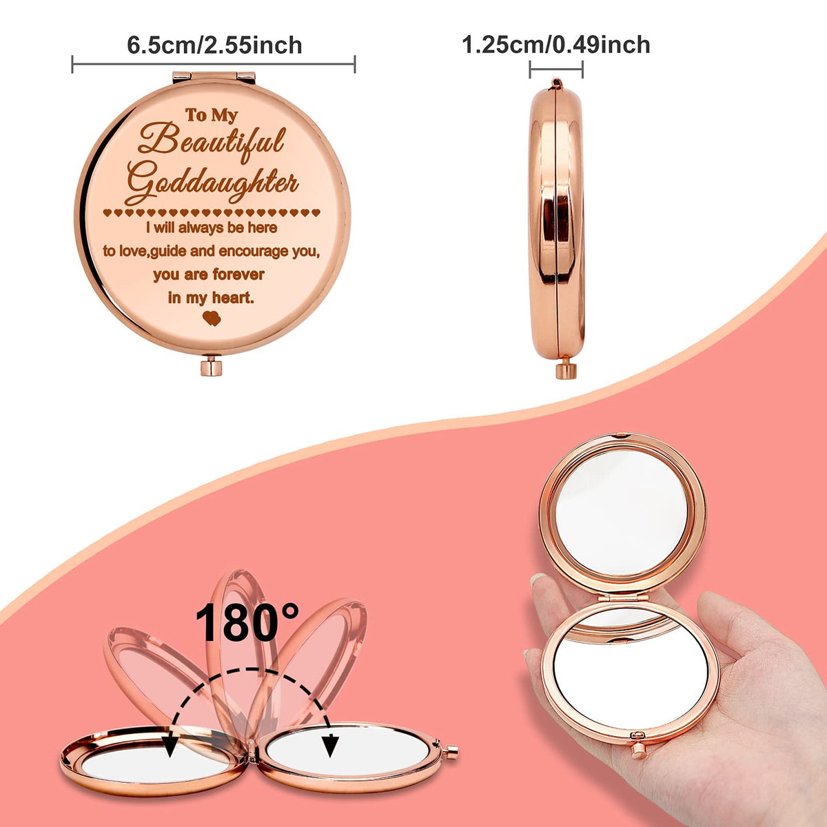 Personal Compact Makeup Mirror with Inspirational Goddaughter Message - Rose Gold, 2.6 Inch