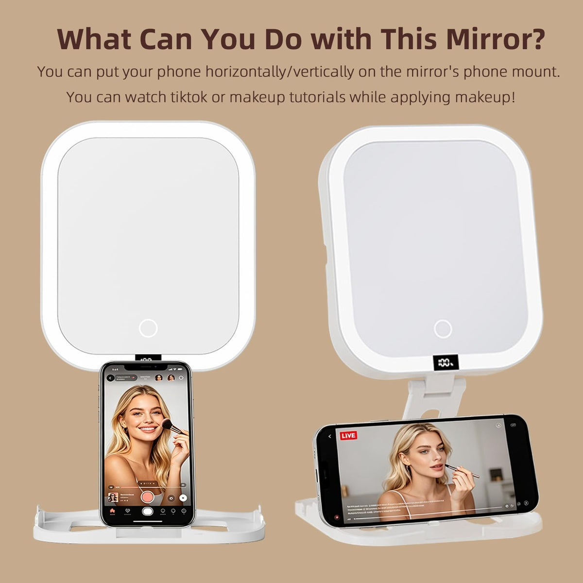 Travel Makeup Mirror with 1X/10X Magnification, Dimmable LED Touch Screen, Rechargeable