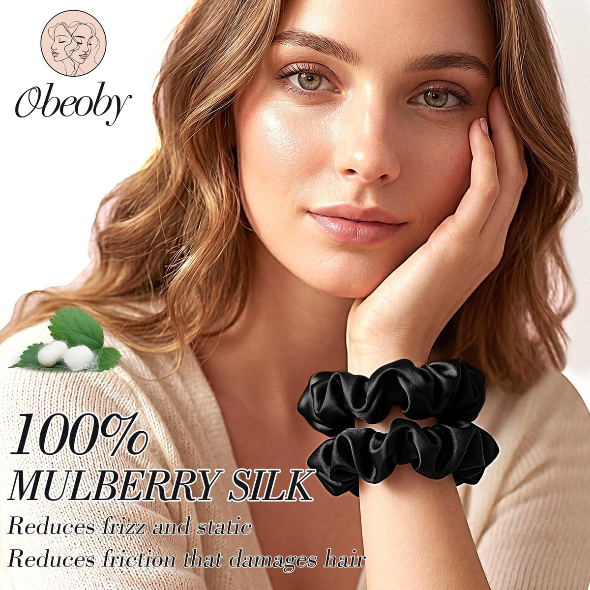 100% Mulberry Silk Scrunchies for Work, 4 1 Count (Pack of 4), Black