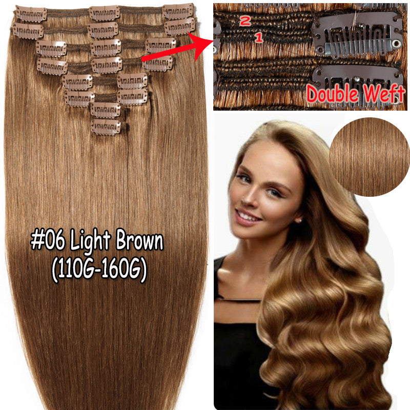 Thick Double Weft Clip-In Human Hair Extensions Full Head - Natural & Straight