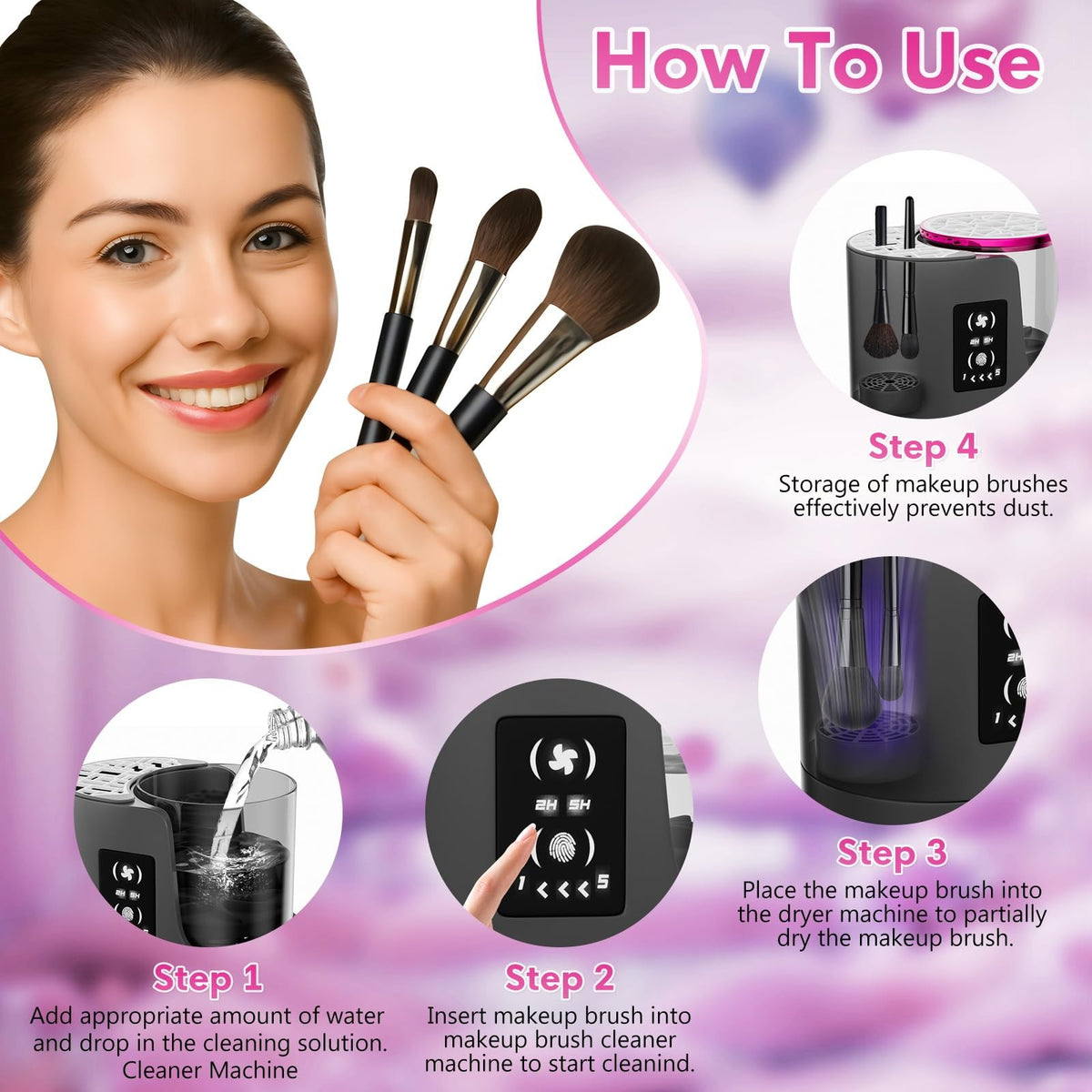 Electric Makeup Brush Cleaner with Drying Station, 3-in-1 Automatic Device