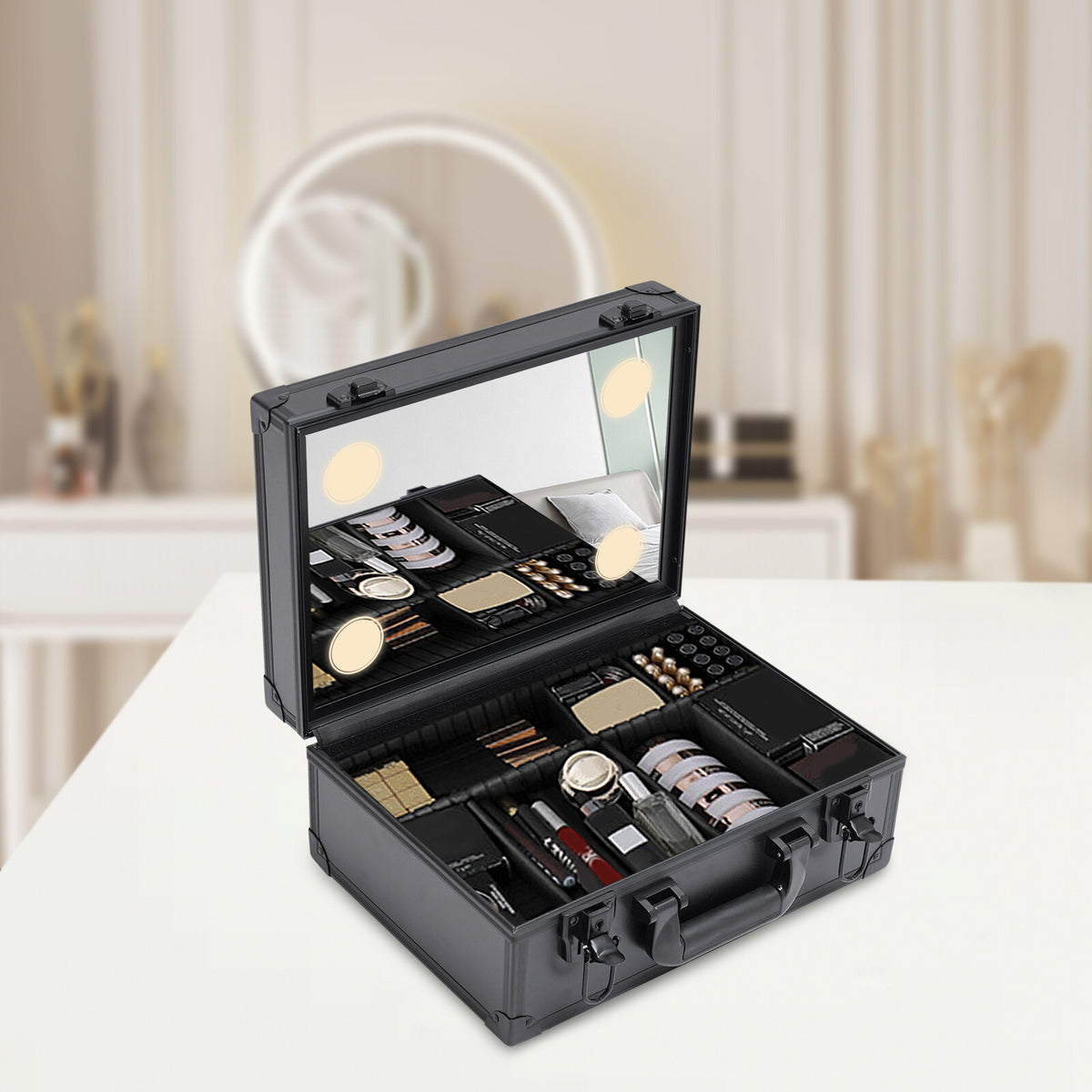 Large & Medium Makeup Train Case with LED Light & Adjustable Storage