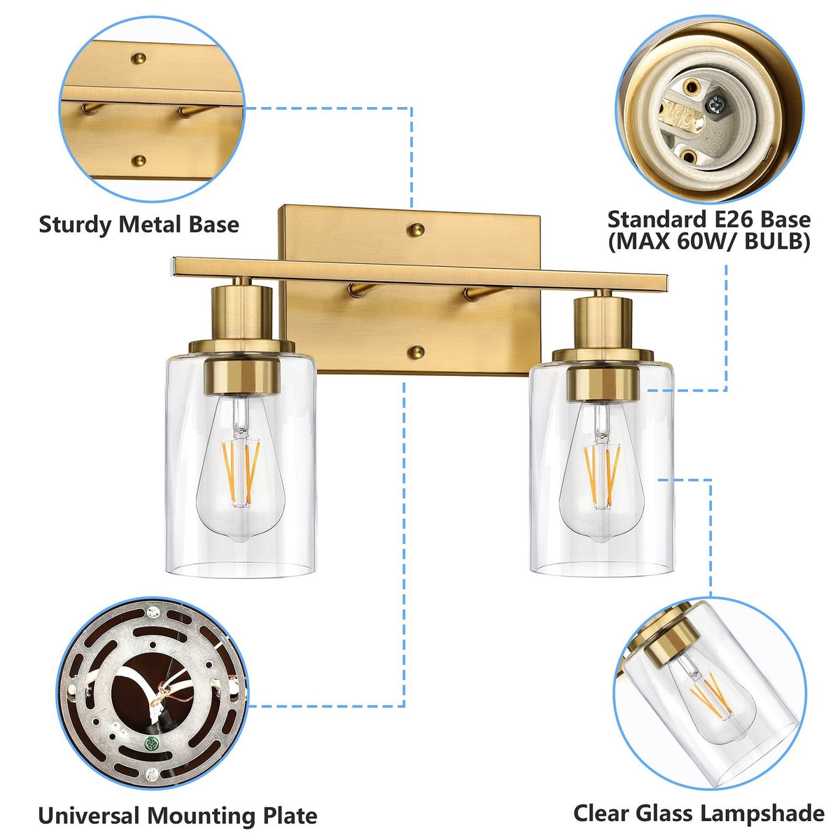 2-Light Gold Bathroom Vanity Lighting Fixture with Clear Glass
