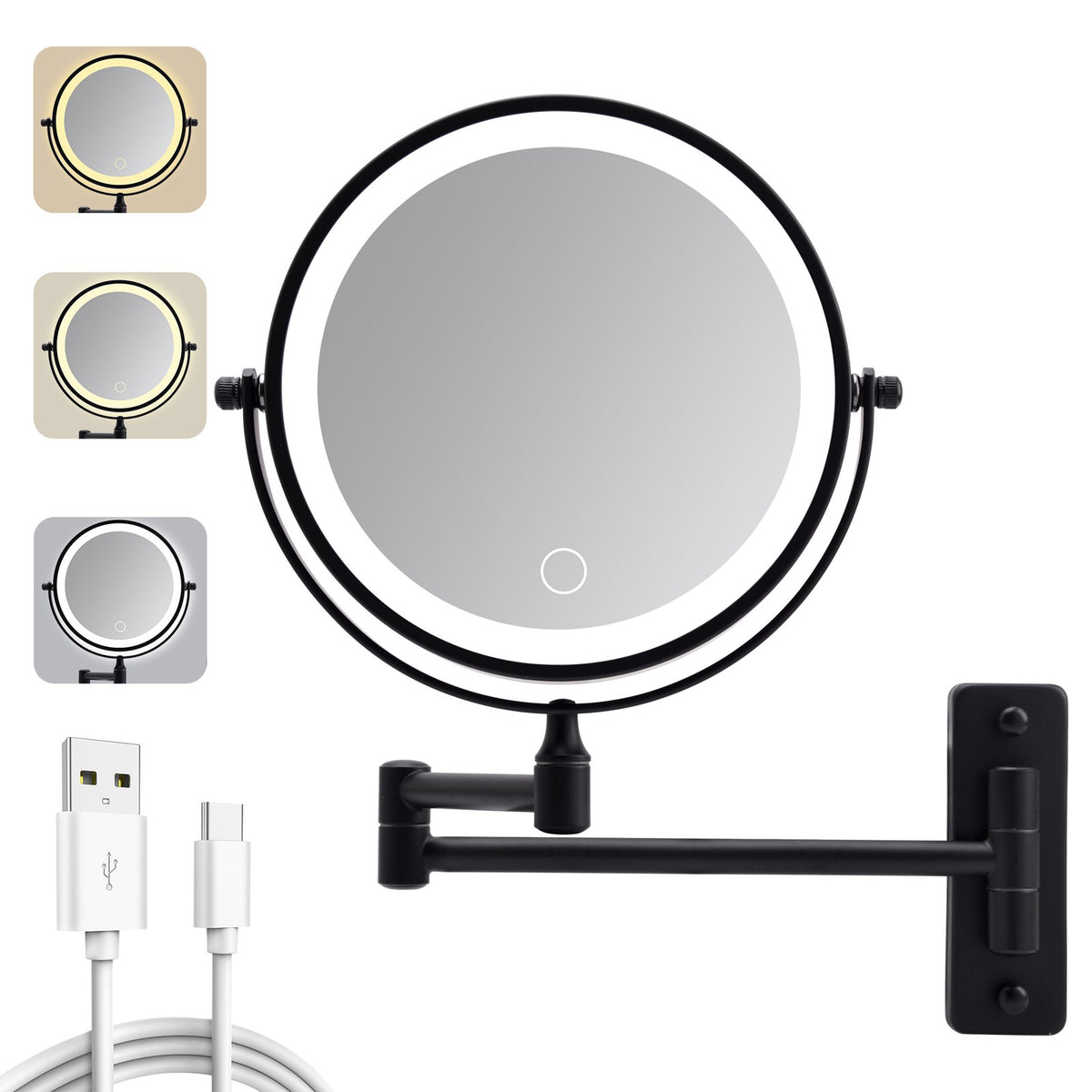 Rechargeable LED Wall Mounted Makeup Mirror with 3 Color Lights 8-inch 10X Magnification