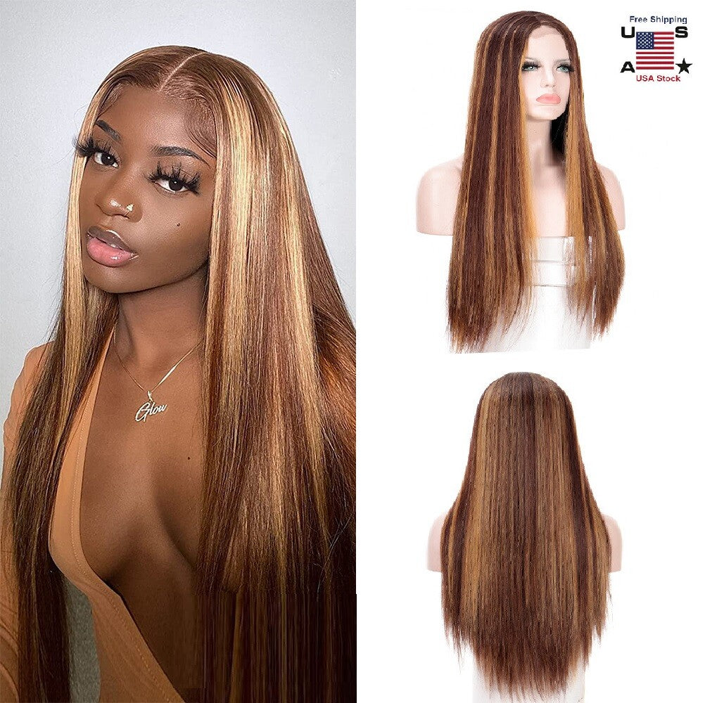 Brazilian Straight Human Hair Wig Ombre Brown Honey Blonde 70cm