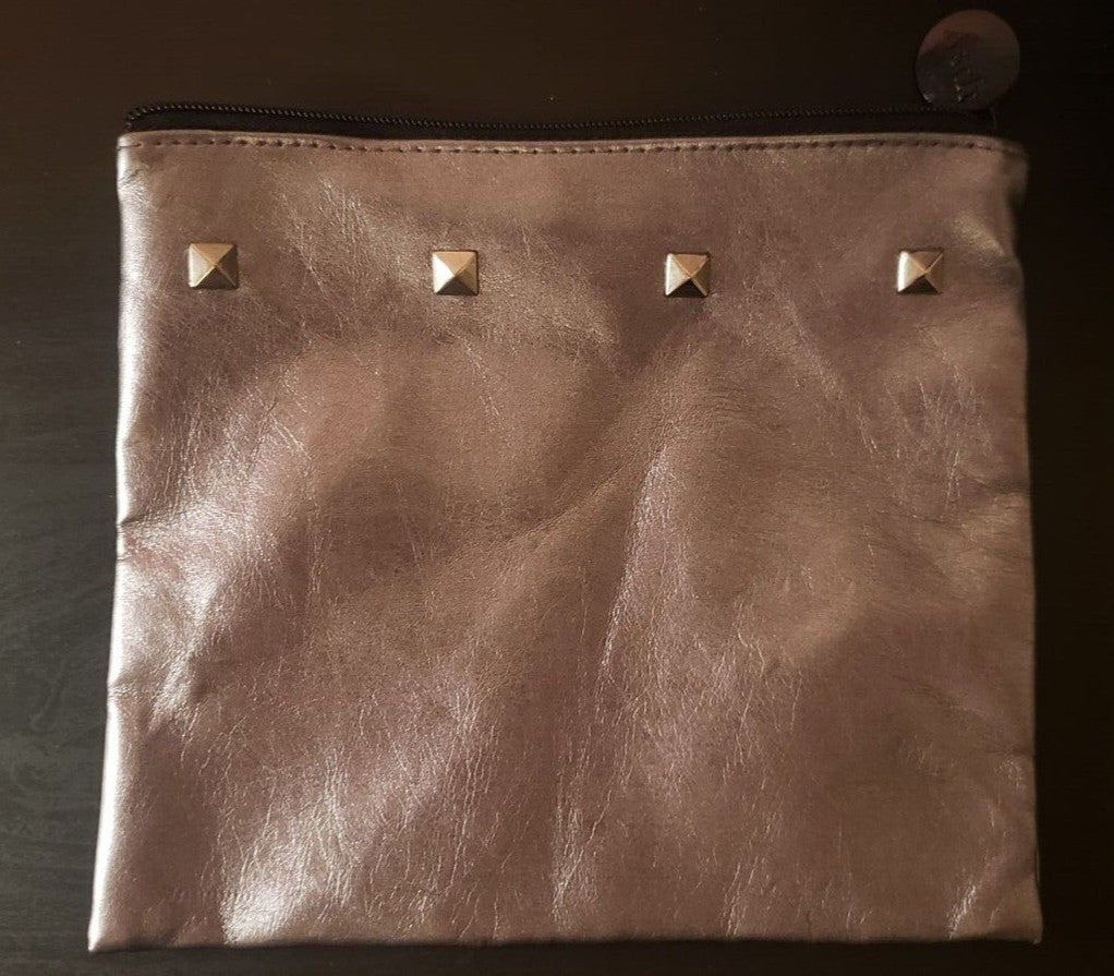 Silver Faux Leather Makeup Bag Purse with Studs Tan Interior