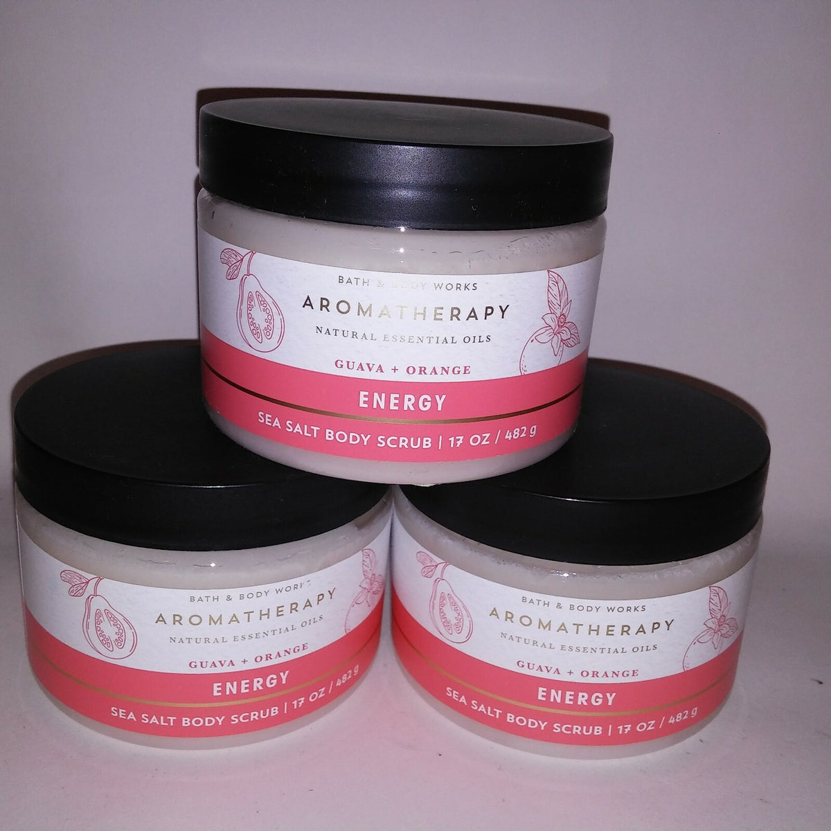 Set of 3 Sea Salt Body Scrubs with Aromatherapy Guava Orange – Energy & Exfoliation