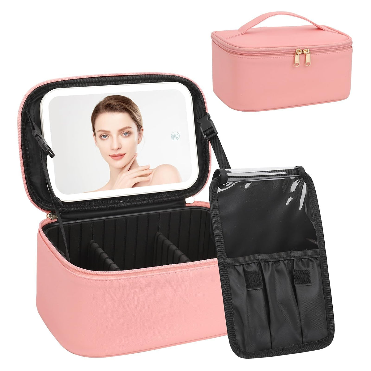 LED Makeup Bag with Light Up Mirror, Travel Cosmetic Organizer, Rechargeable