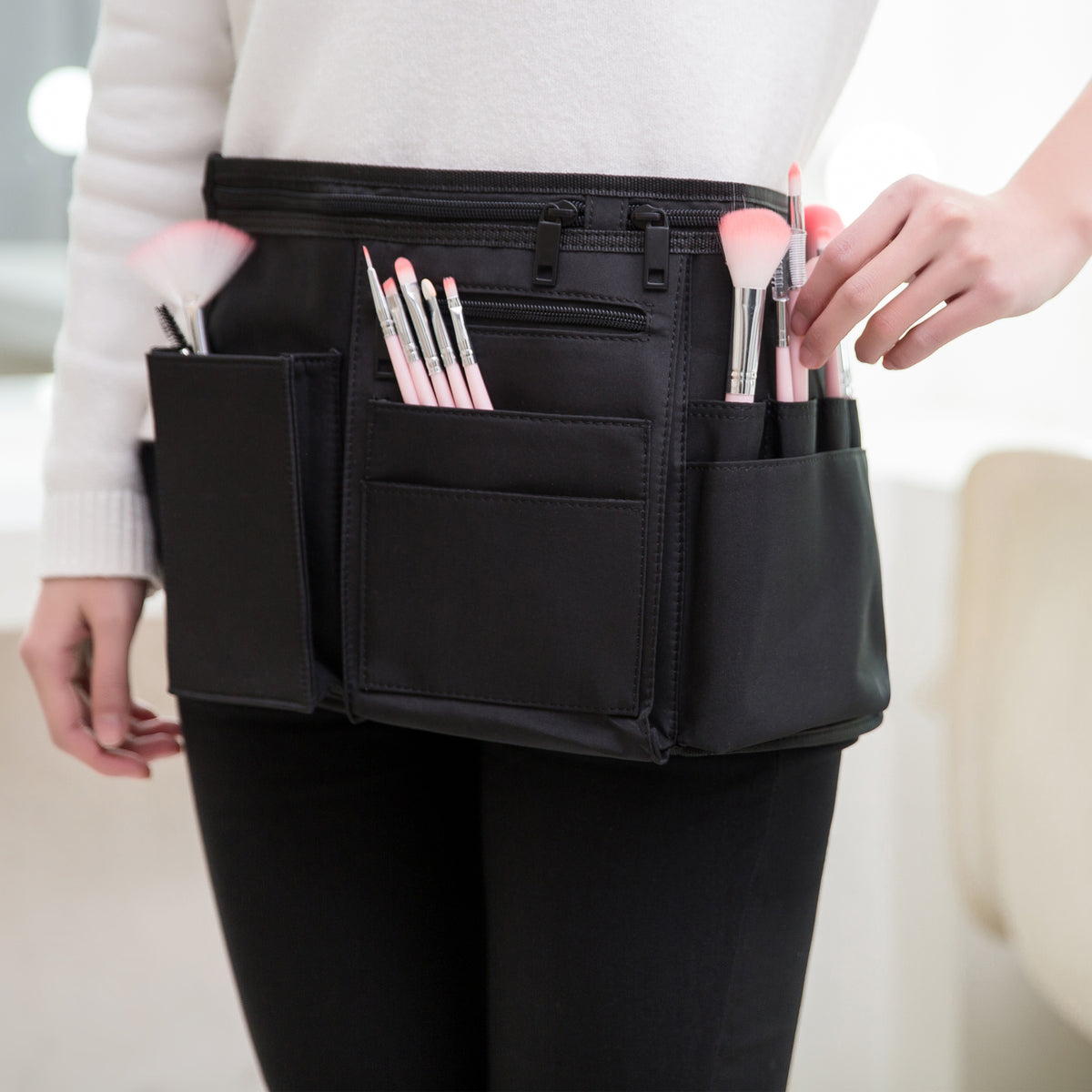 Professional Makeup Artist Canvas Waist Apron with Multiple Pockets - Black