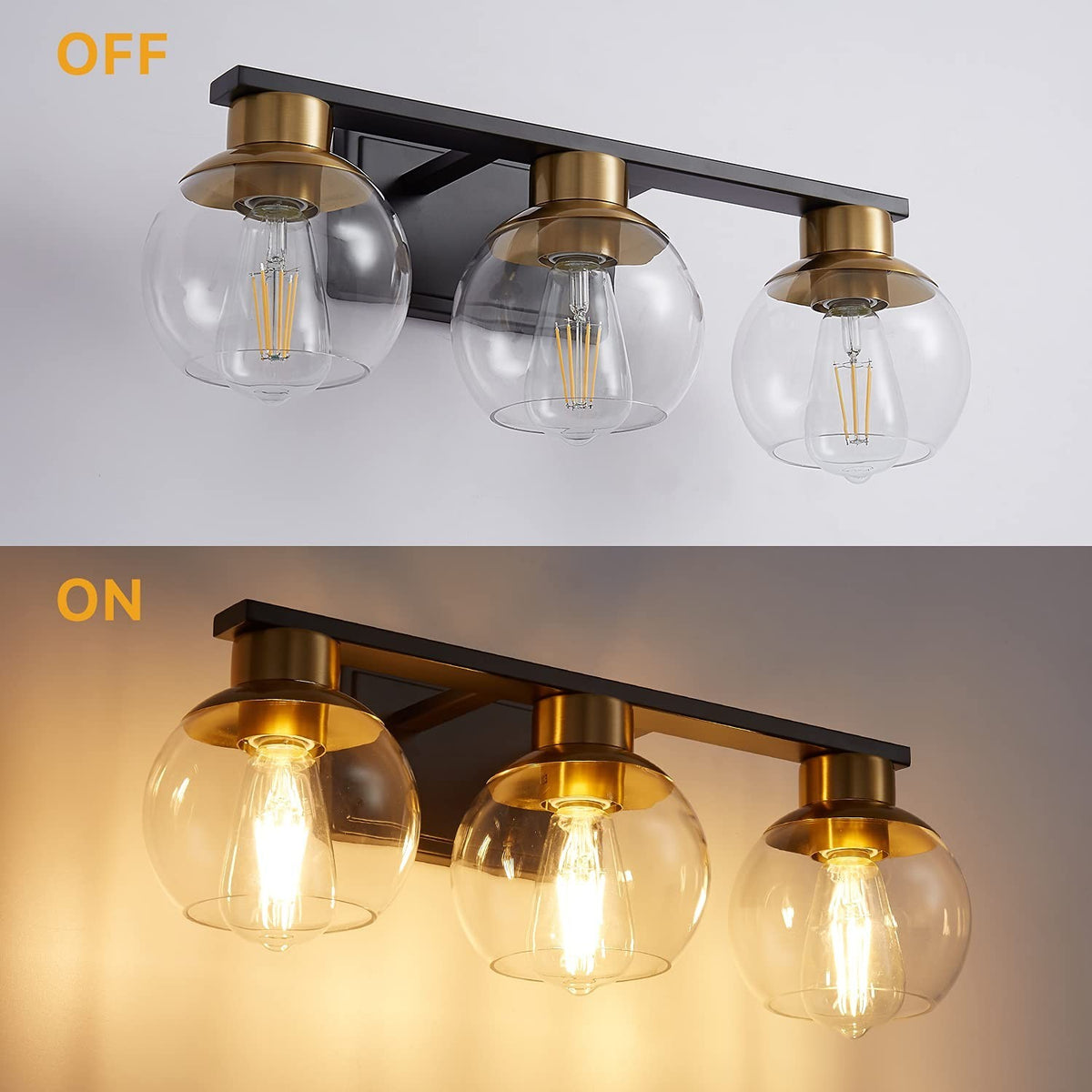 3-Light Bathroom Vanity Light Fixture in Black and Gold with Globe Glass Shades