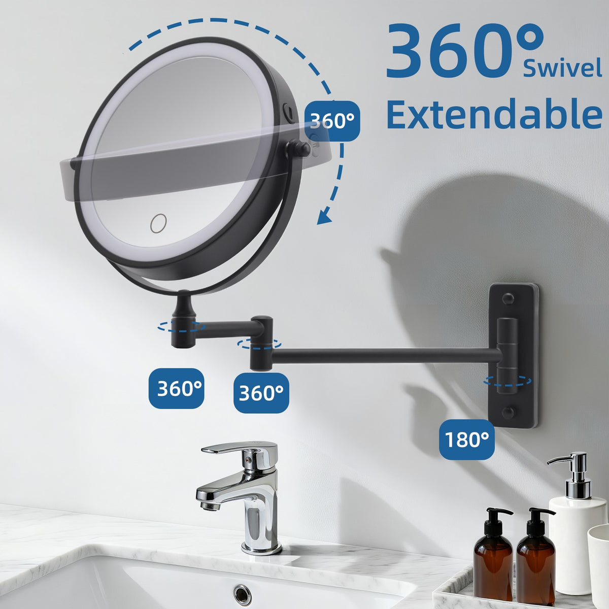 Rechargeable LED Wall Mounted Makeup Mirror with 3 Color Lights 8-inch 10X Magnification
