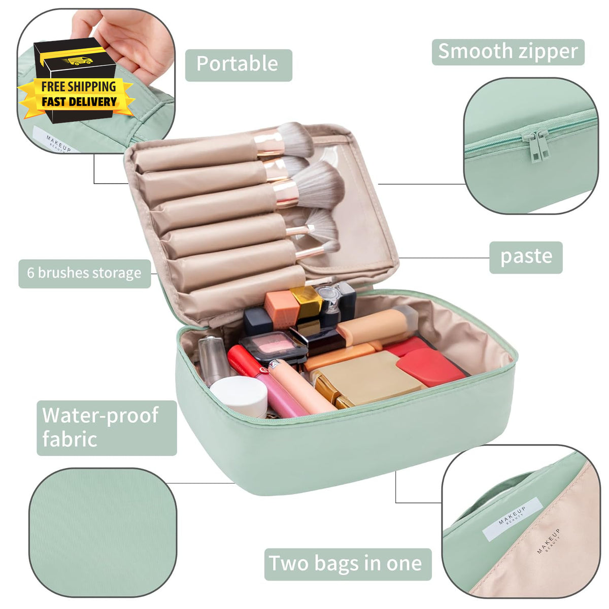 Travel Makeup Bag with Detachable Cosmetic Pouch Waterproof Organizer for Women & Men - Green