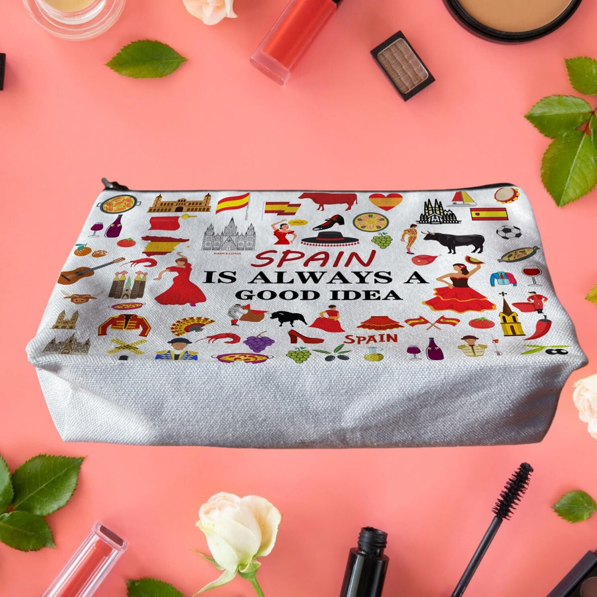 Spain Travel Souvenir Makeup Bag with Iconic Landmarks & Symbols