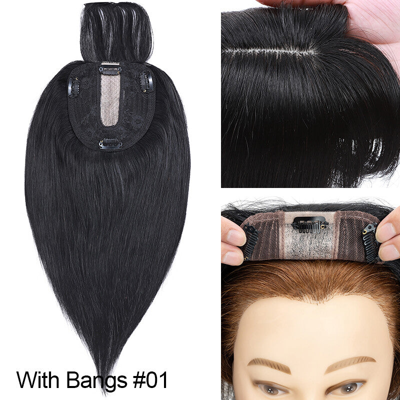 Remy Human Hair Topper Clip-In Hairpiece with Mesh Base & Claw Clips