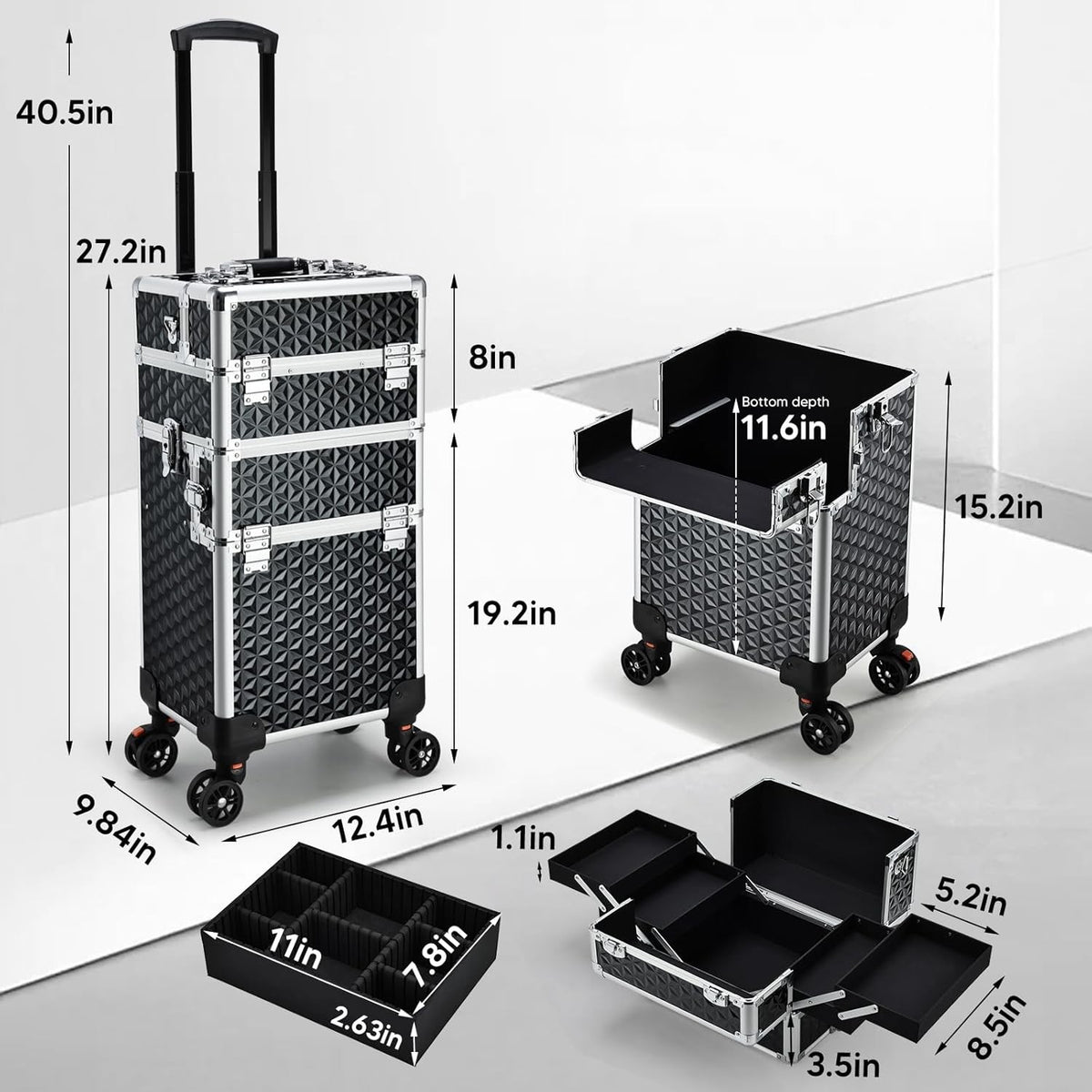 3-in-1 Portable Rolling Makeup Case with Detachable Compartments & Lockable Storage