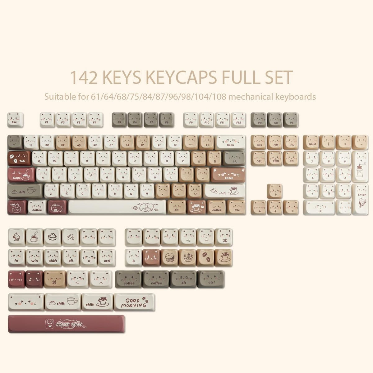 PBT Keycap Set 142 Keys Coffee Cat Themed Mechanical Keyboard Accessories