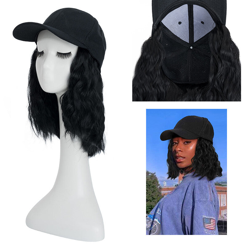 Baseball Cap with Synthetic Hair Extensions - Straight, Curly, Wavy Fits Most
