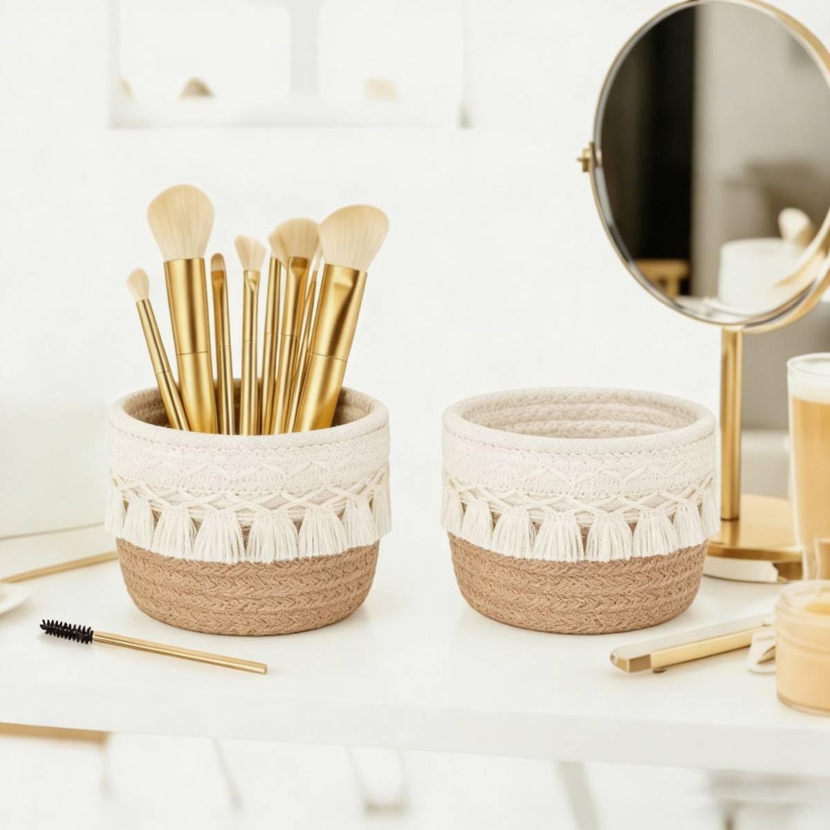 Macrame Makeup Brush Holder Organizer Set - Boho Decor Storage, White & Brown