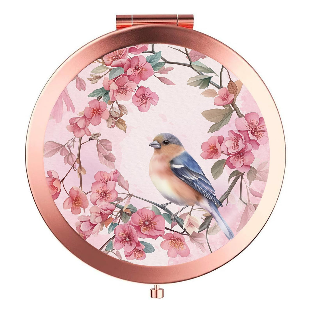 Rose Gold Compact Mirror with 2x Magnification for Women - Portable Bird Watercolour Design