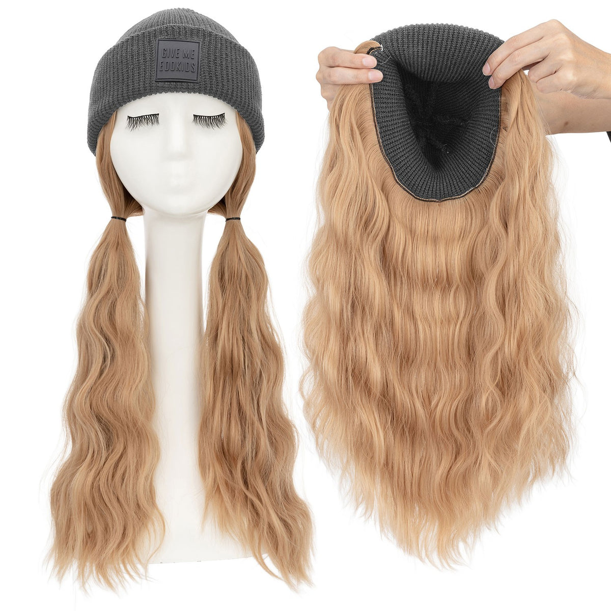 Winter Knitted Beanie Wig with Long Wavy Synthetic Hair - One Size Fits All