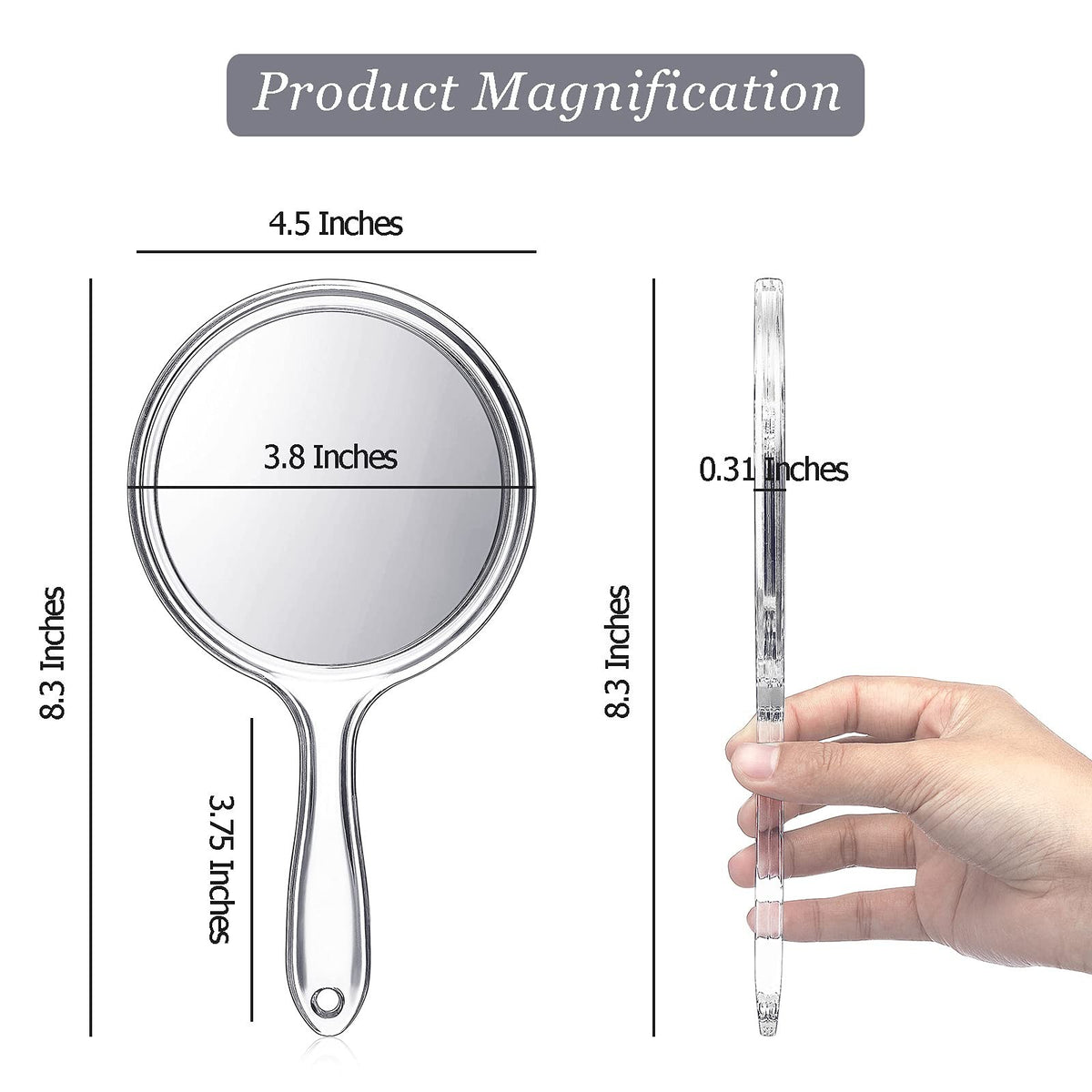 Double-Sided Handheld Mirror with 1X/2X Magnification - Clear, Portable Vanity Mirror