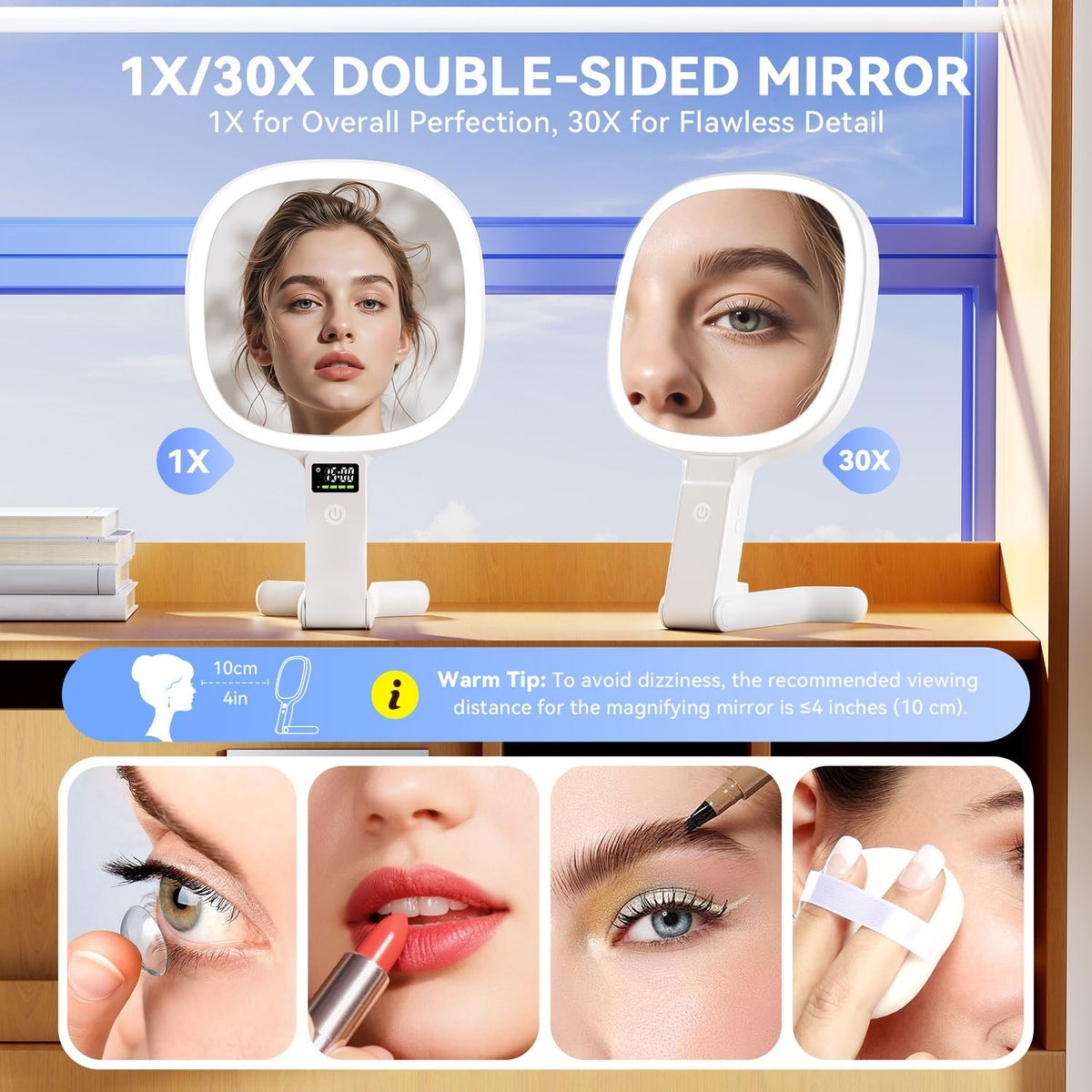 Travel Makeup Mirror with Lights 30X/1X Double Sided Dimmable LED Rechargeable