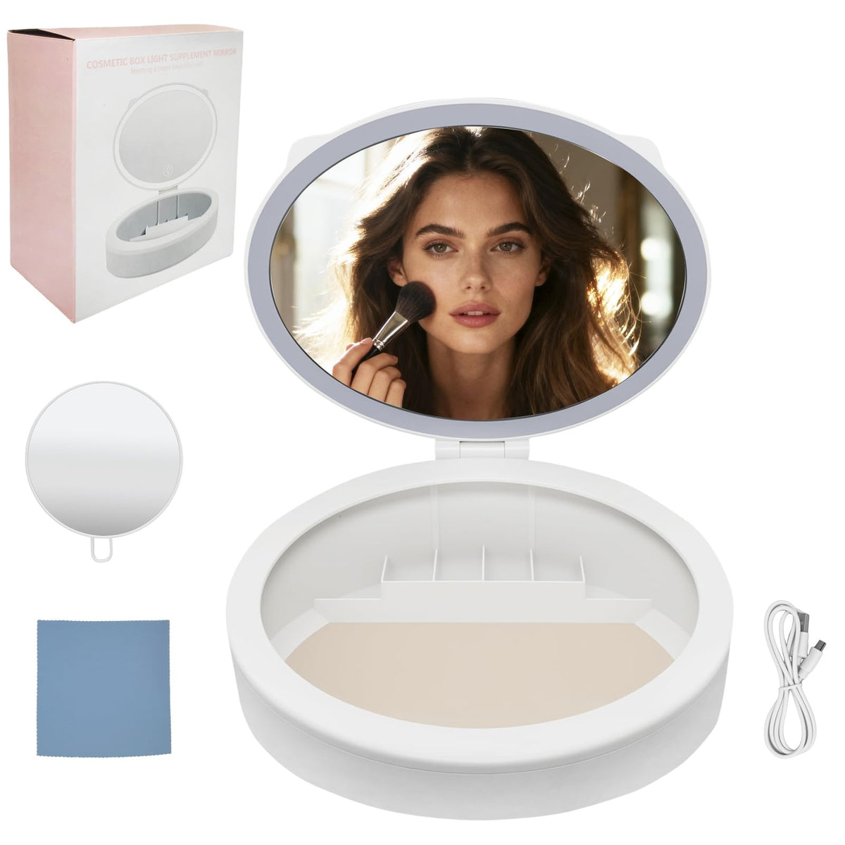 LED Makeup Mirror with Storage - 10X/1X Magnification, 66 LED Lights, Dimmable, USB Rechargeable, Portable Vanity Mirror