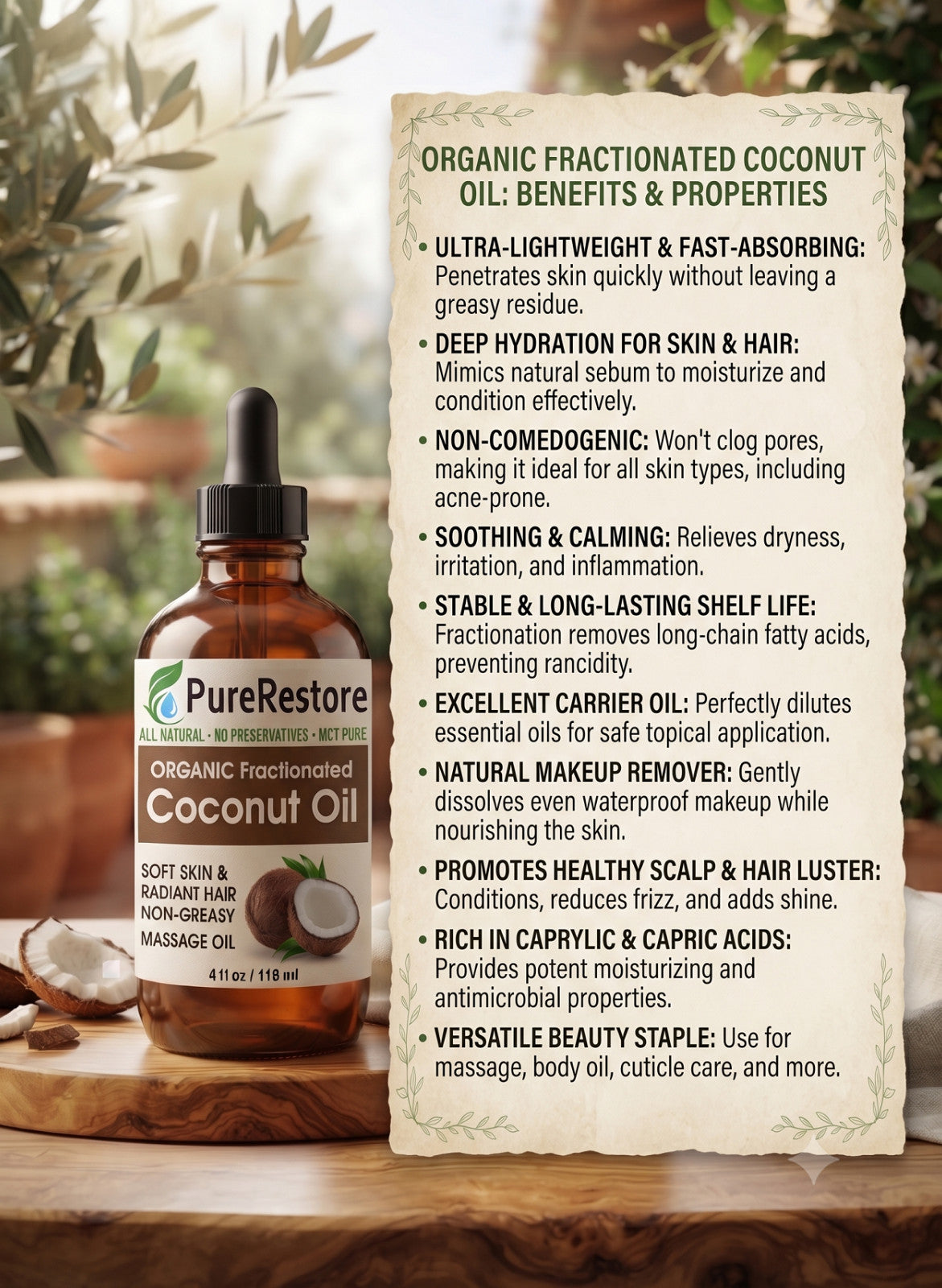 Organic Fractionated Coconut Oil for Skin & Hair - PureRestore, 0.33oz-4oz Variants