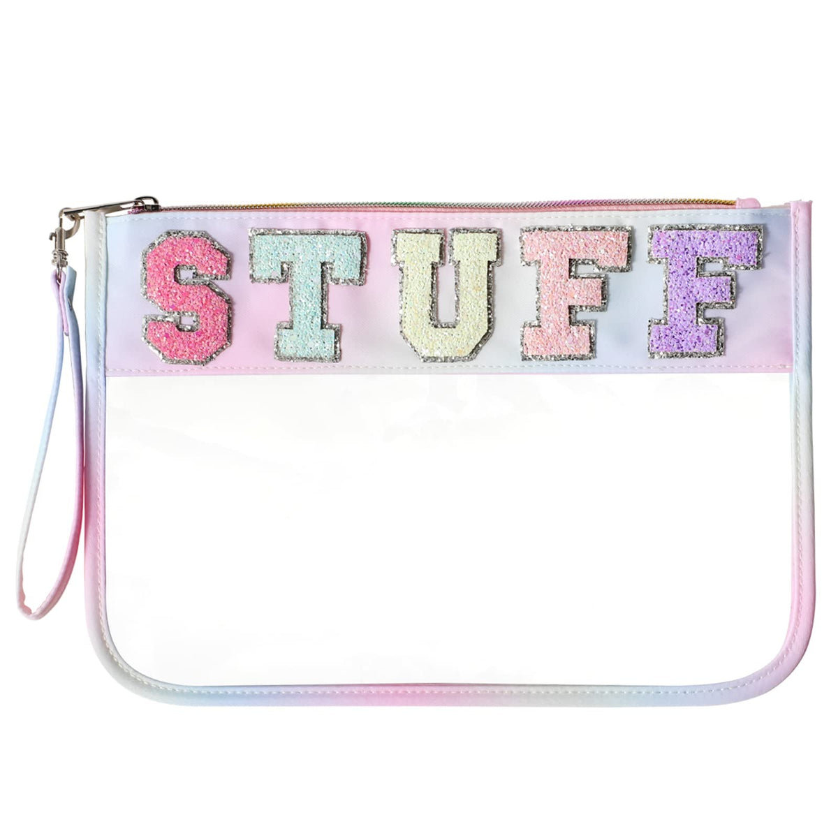 Clear Nylon Travel Makeup Bag with Chenille Letter Zipper Pouch 11.8x8.2 Inch