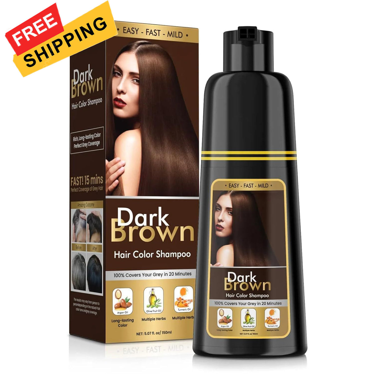 Dark Brown Hair Dye Shampoo 3 in 1 for Gray Hair – Vegan Hair Color & Conditioner
